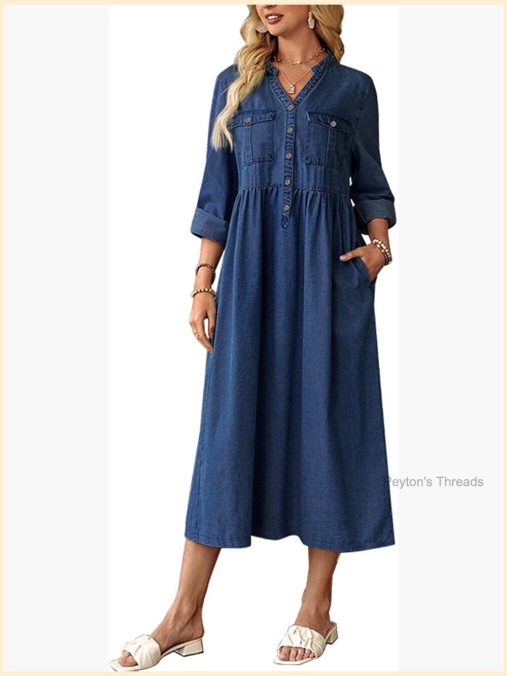 Long Sleeve V Neck High Waist Pleated Midi Denim Dress Casual Plus Size